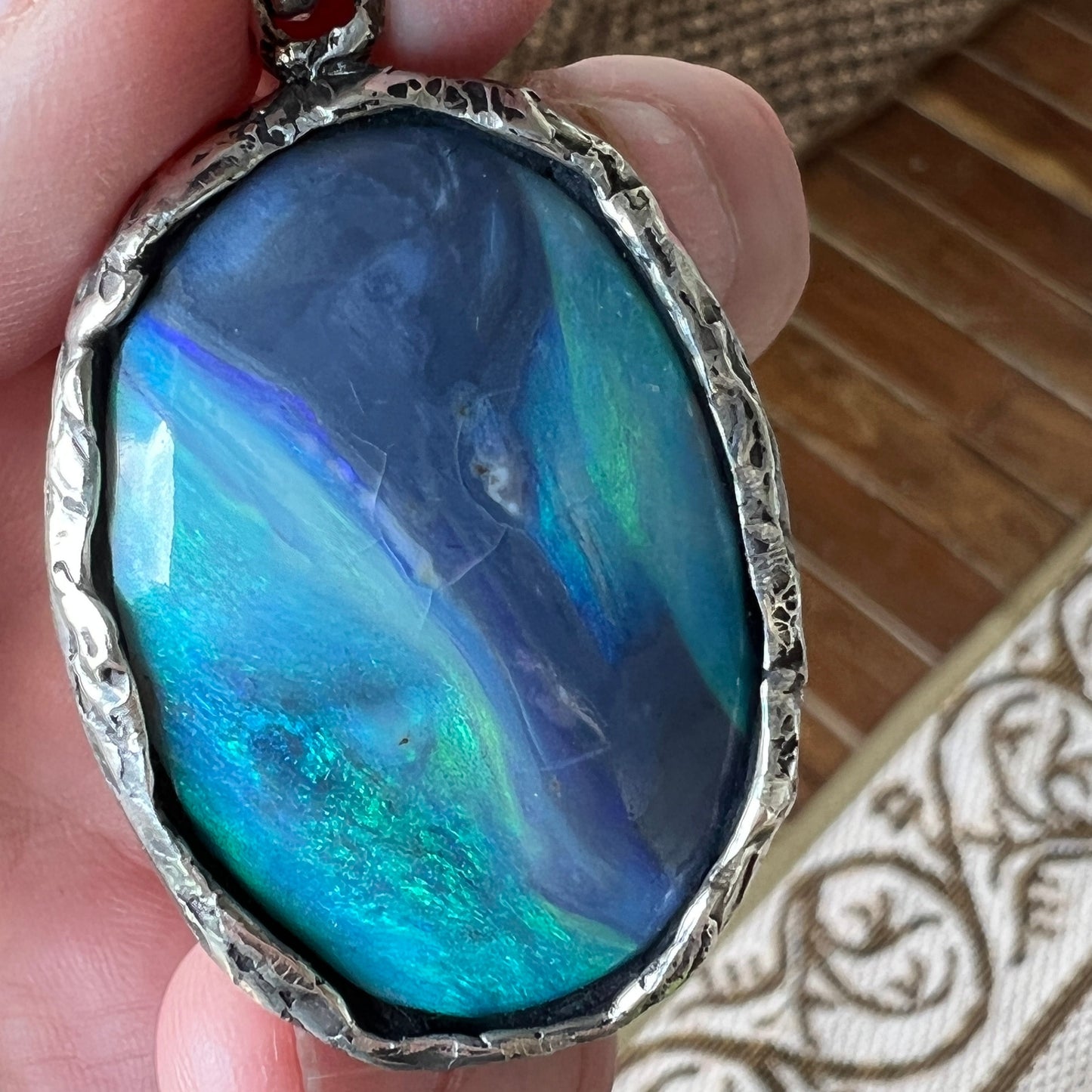 Awesome Lightning Ridge picture stone opal. Mounted with Argentium silver which complements the stone beautifully. Another Sally Fisher designer masterpiece.