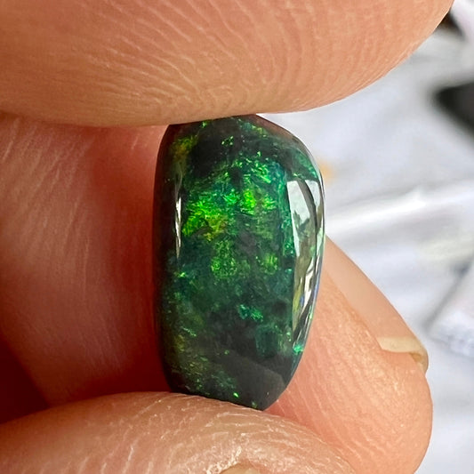 Stunning black opal from the outback opal mines of Lightning Ridge, Beautifully cut and displaying magnificent greens.